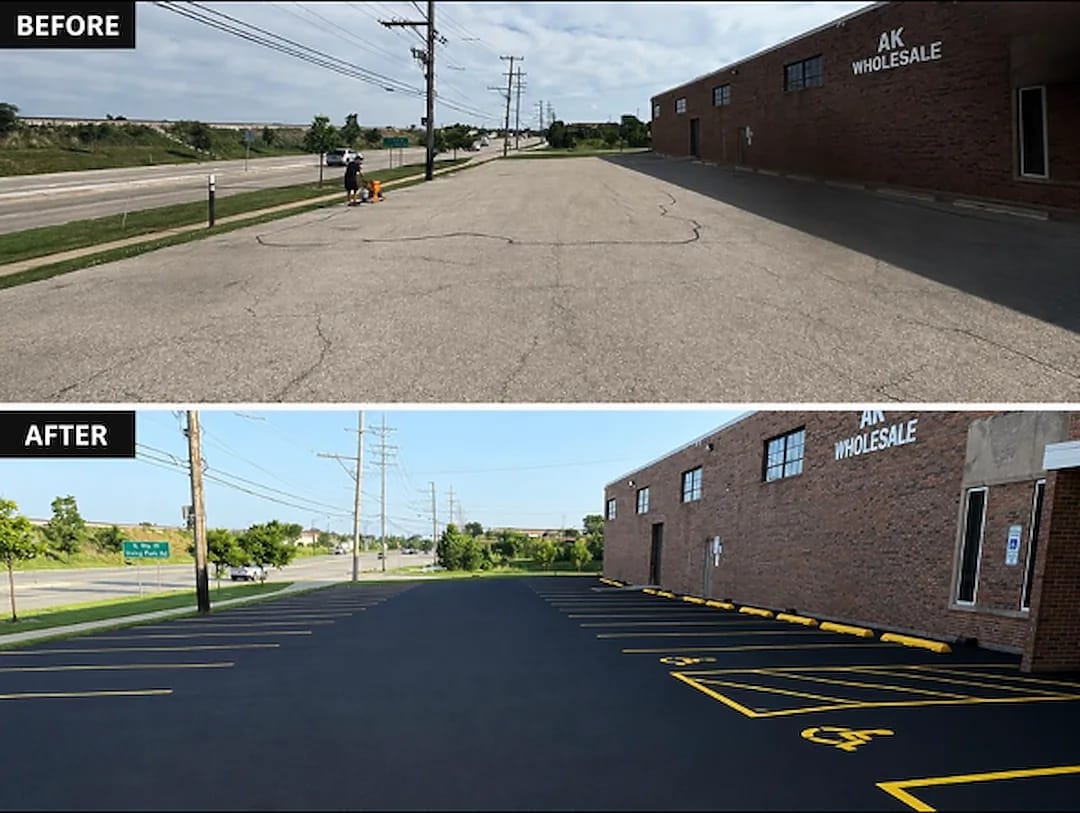 Side-by-side comparison of a cracked, faded asphalt lot and the same lot after sealcoating with fresh yellow striping